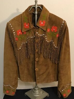 Double D Ranch Brown Suede Fringe Jacket with Red Floral Embroidery